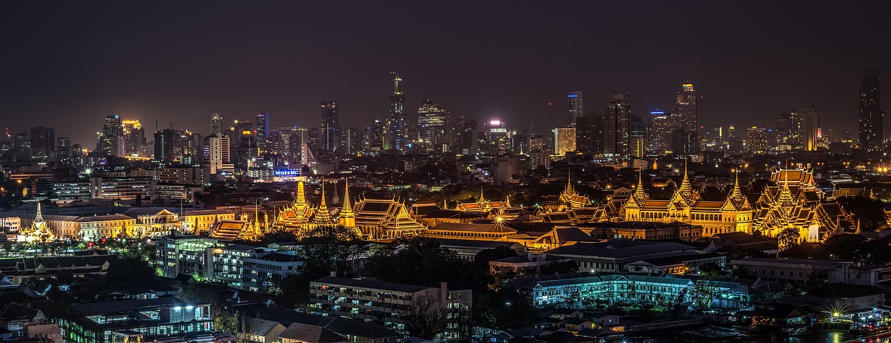 Golden spires and ornate rooftops of the Grand Palace in Bangkok, Thailand