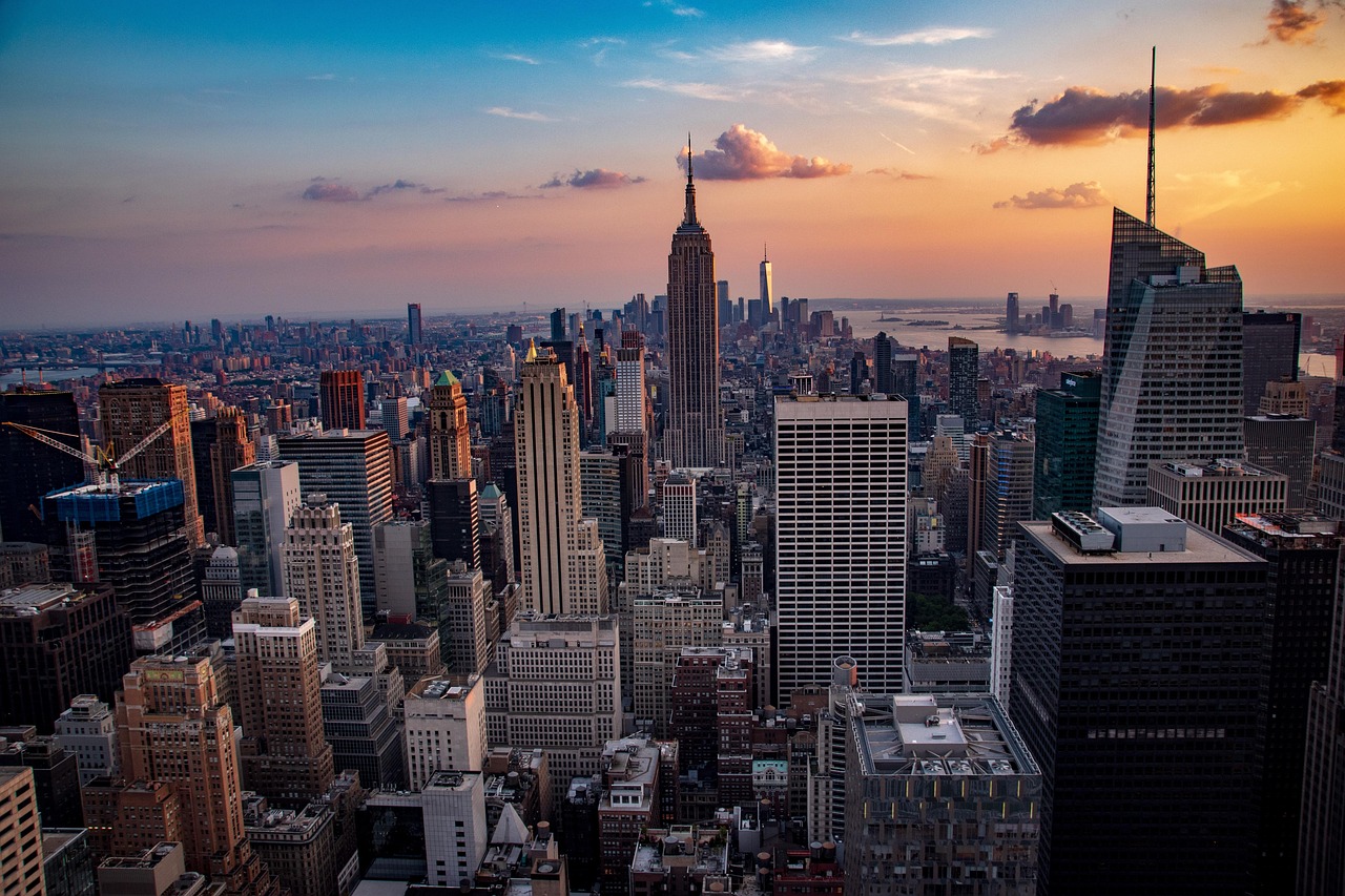 Manhattan skyline with skyscrapers rising above the city